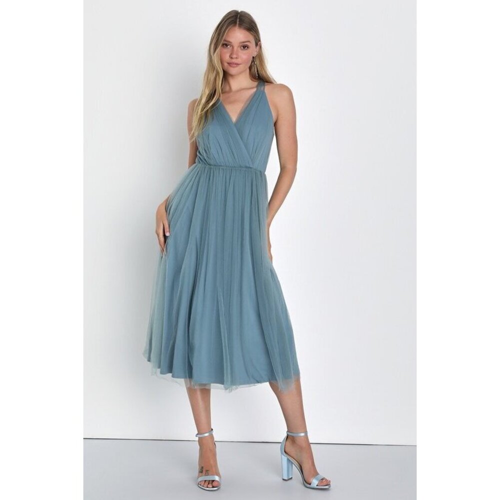 Lulus Elegant Ambiance Slate Blue Tulle A-line Midi Dress - Size L